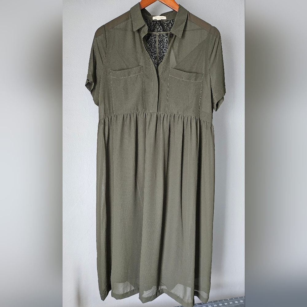 Urban Outfitters X Silence+Noise Sheer Olive Green Babydoll Midi Dress w/ Slip
